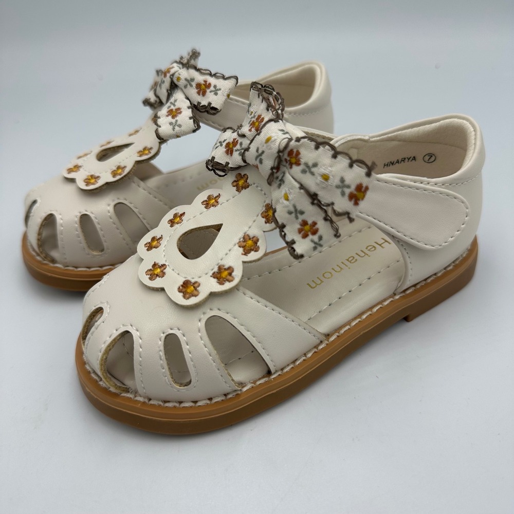 Cottagecore Floral Bow Fisherman Sandals Cream Scalloped Embroidered Toddler 7
